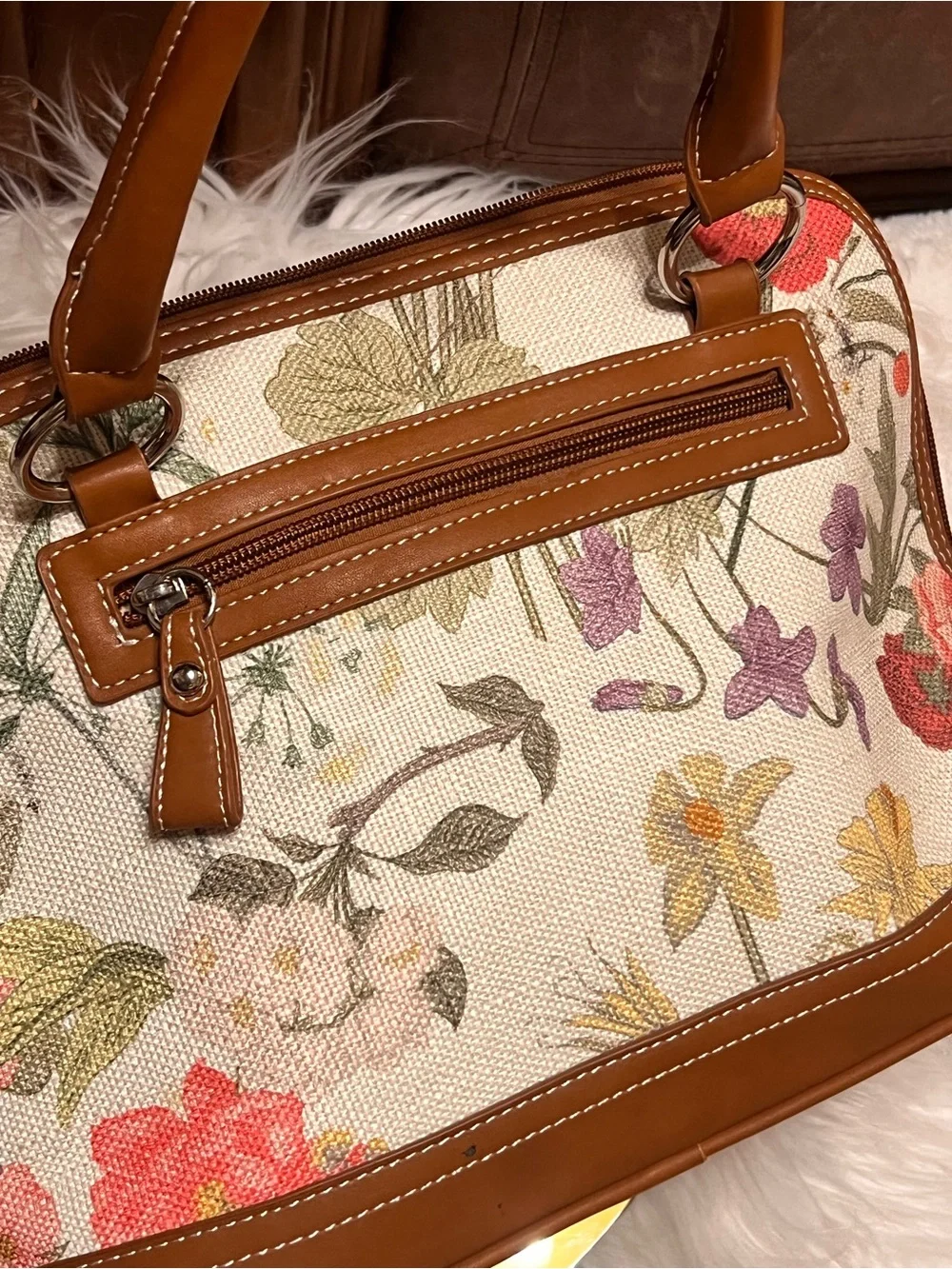 Gianni Bini Floral Canvas Satchel in Cream a handbag